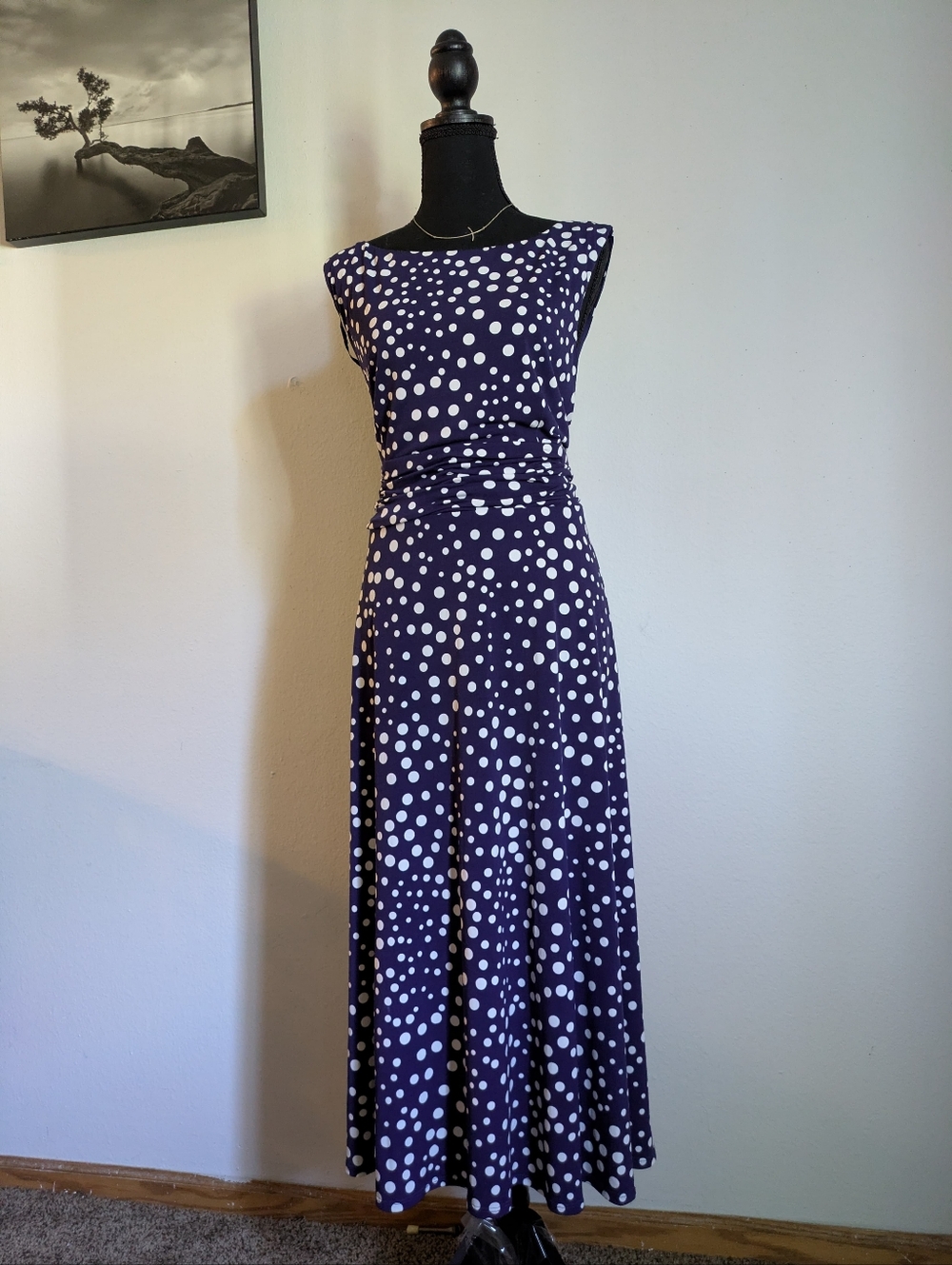 Jessica Howard Navy Blue & White Polka Dot Ruched Maxi Dress - Size 14